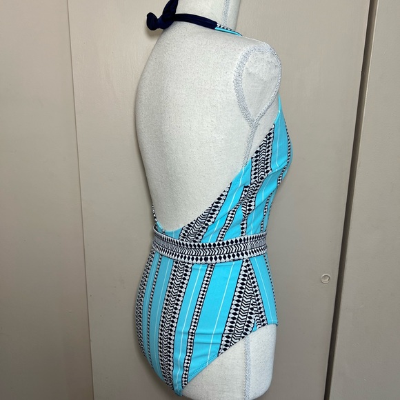 NWT Lemlem turquoise navy white tribal stripe belted swimsuit size medium - Picture 10 of 16